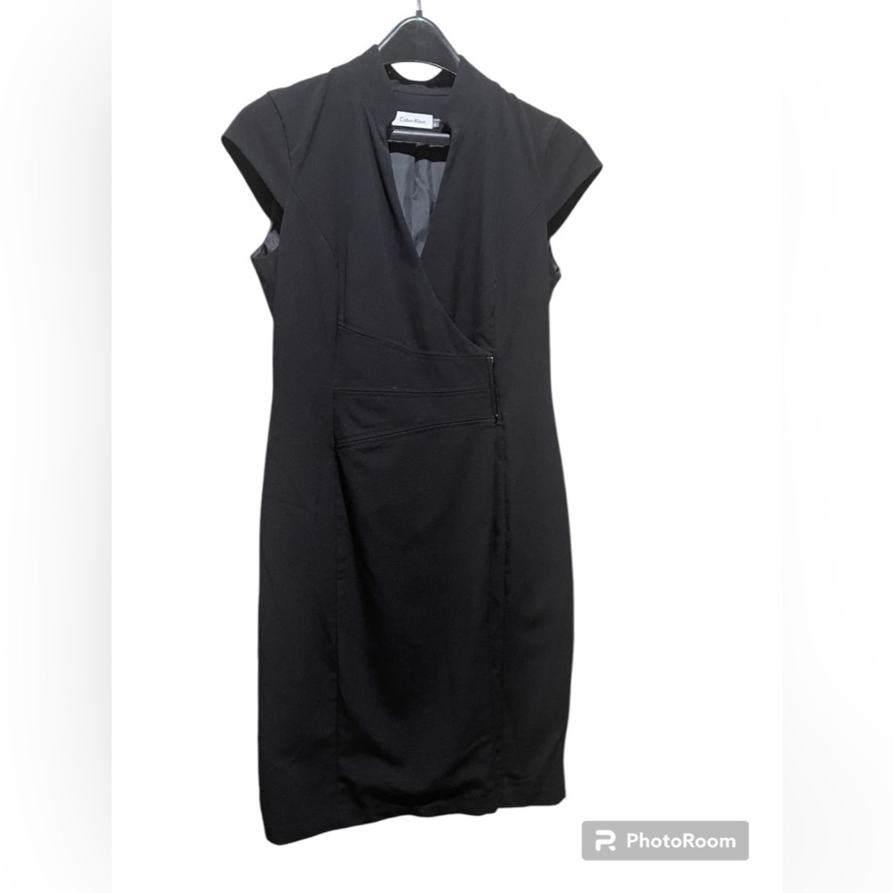 CALVIN KLEIN Midi Dress Wrap Lined LBD Classy Womens 4 Black Career